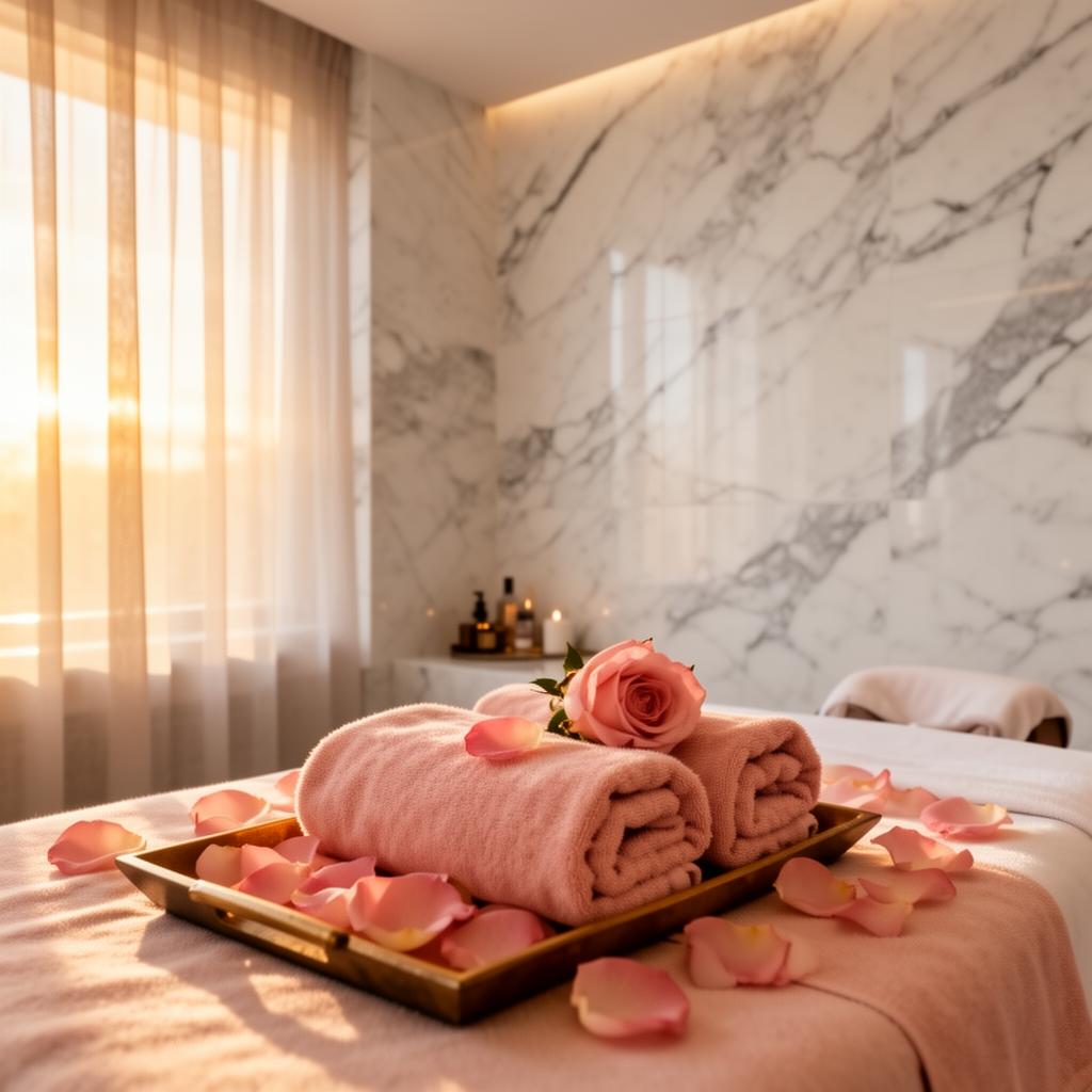 Luxury spa interior with rose petals and marble